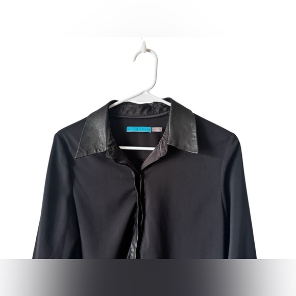Alice + Olivia Black Long Sleeve Button Down Blouse Leather Collar sz M - Picture 4 of 13